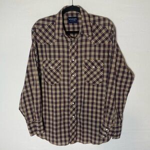 Vintage Wrangler Beige Red Green Plaid Pearl Snap Western Rodeo Cowboy Shirt XL